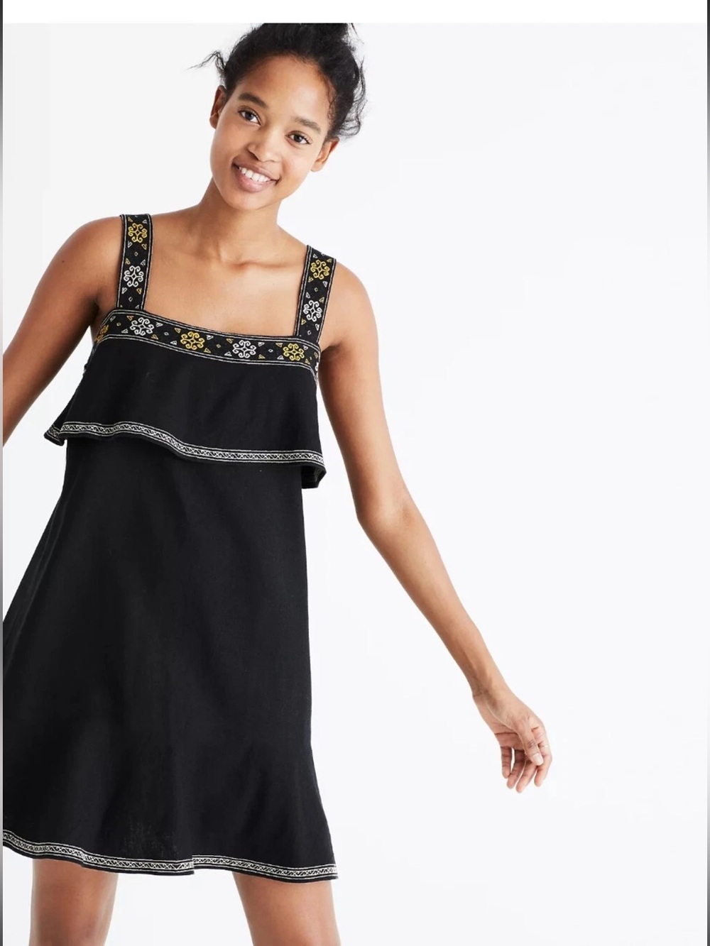 Madewell Black Sundress with Embroidered Yellow & White Accents